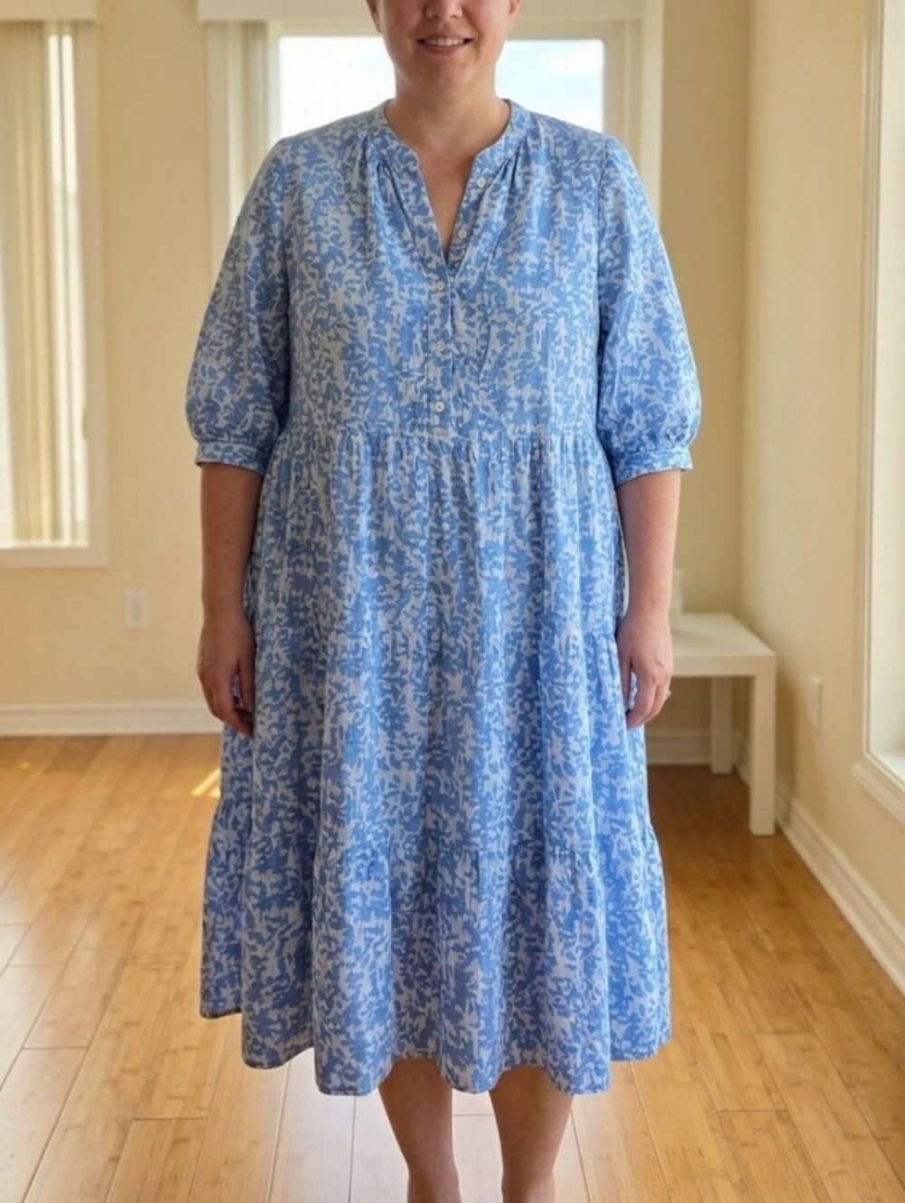 Wrap London Blue White Printed Tiered Linen Midi Dress w/ Pockets sz 16 (No Tag)